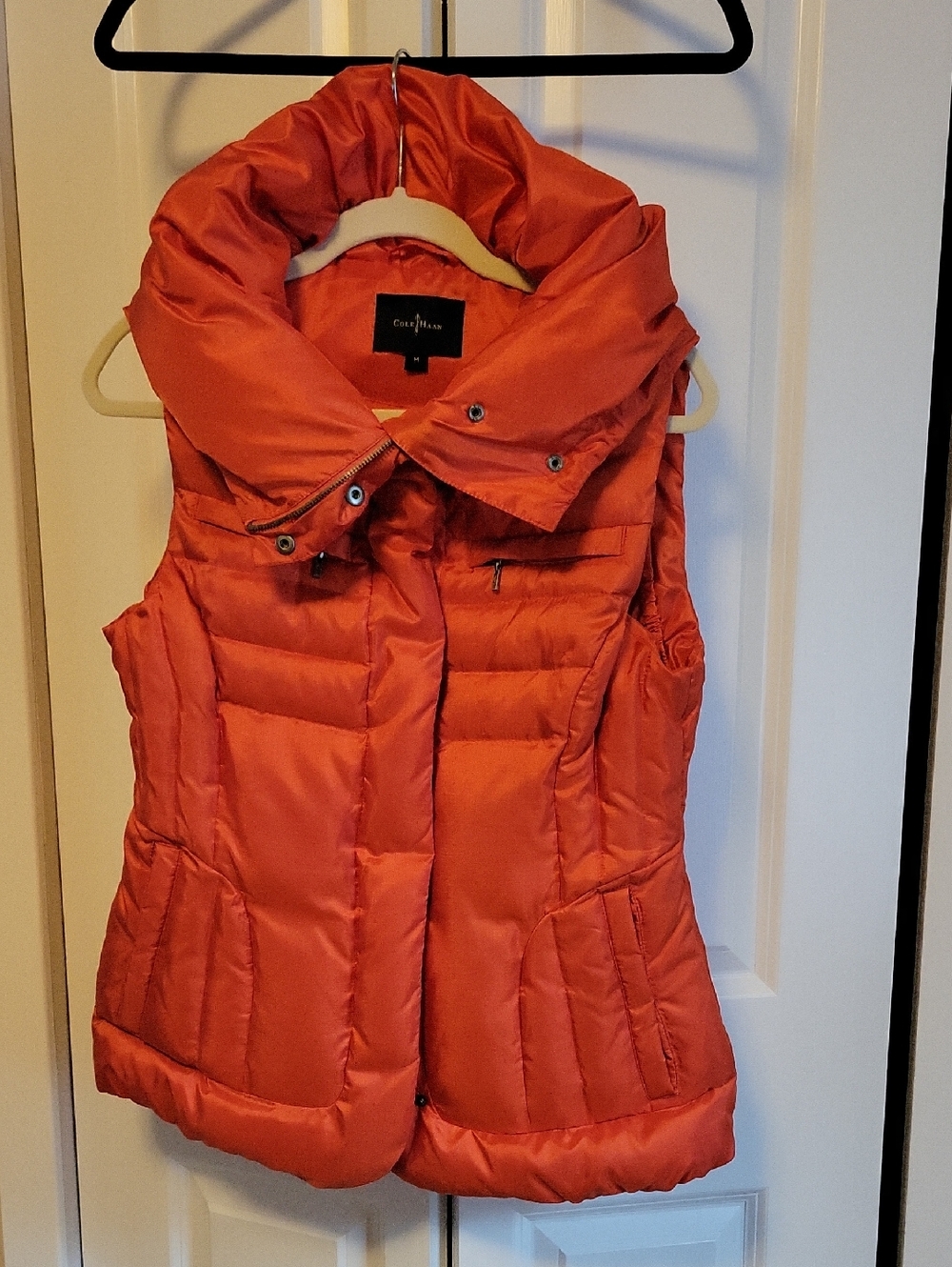 Cole Haan Bright Orange Quilted Puffer Vest with Oversized Funnel Collar